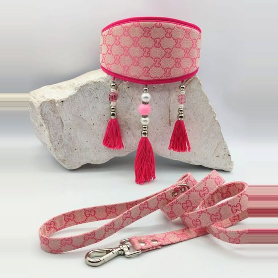 Collar y correa de monograma rosa con borlas