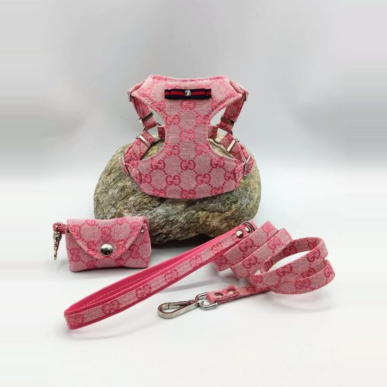 Arnés rosa de monograma con correa y porta-bolsas