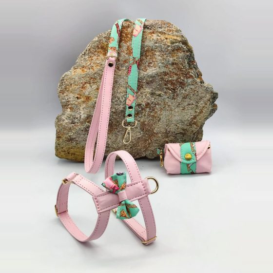 Arnés rosa y verde menta con correa y porta-bolsas