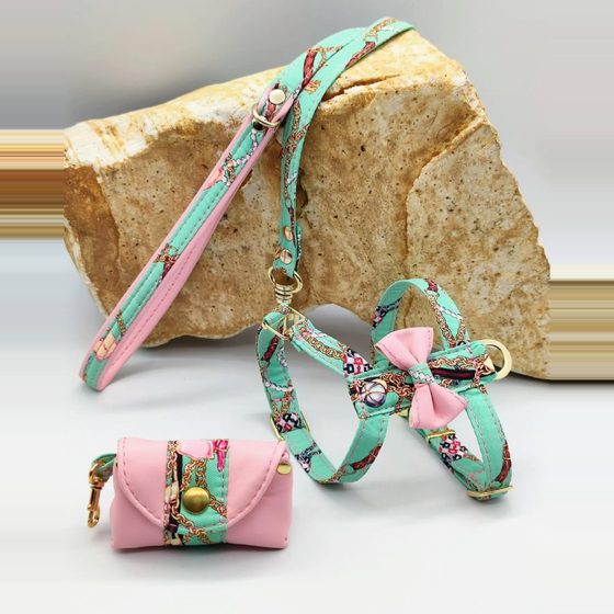 Conjunto en verde menta y rosa con correa y porta-bolsas
