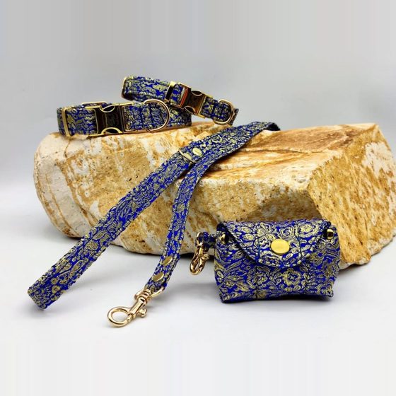 Collar, correa y porta-bolsas en azul estampado