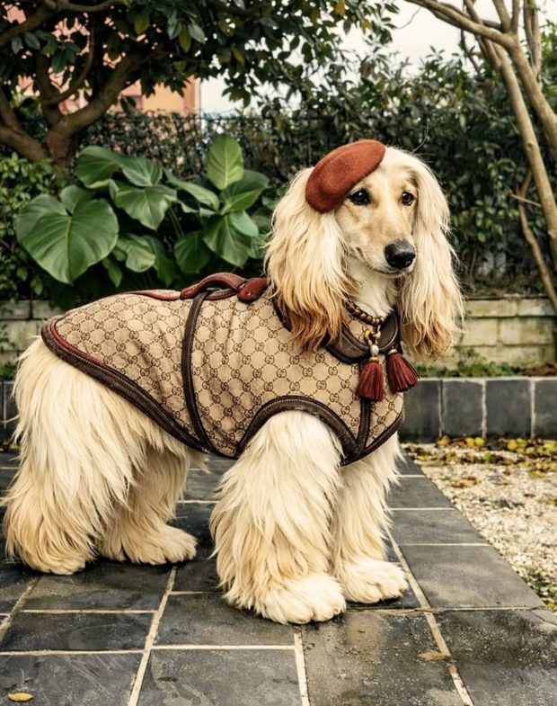 Cocker con abrigo de cuadros y gorra, en el jardín