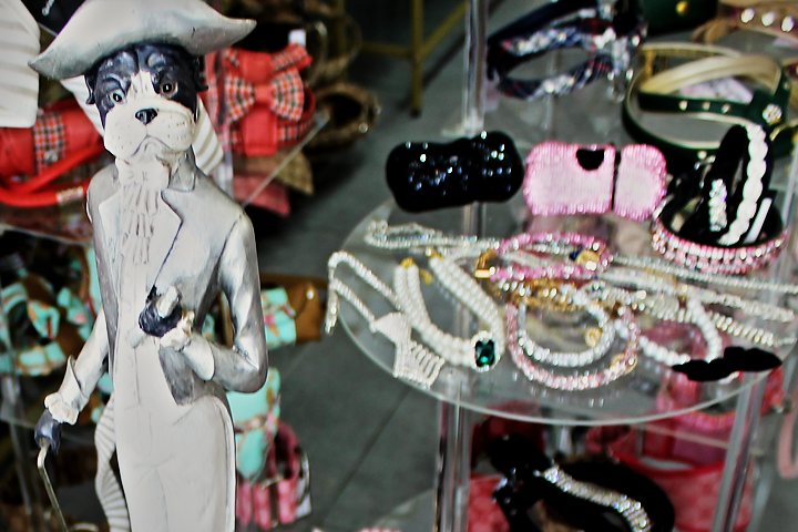 Estatuilla de un perro vestido de época en la boutique, junto a un expositor de cristal con collares de pedrería, perlas y accesorios