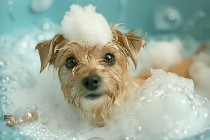 Perro pequeño de pelo claro dentro de la bañera, cubierto de espuma durante el baño